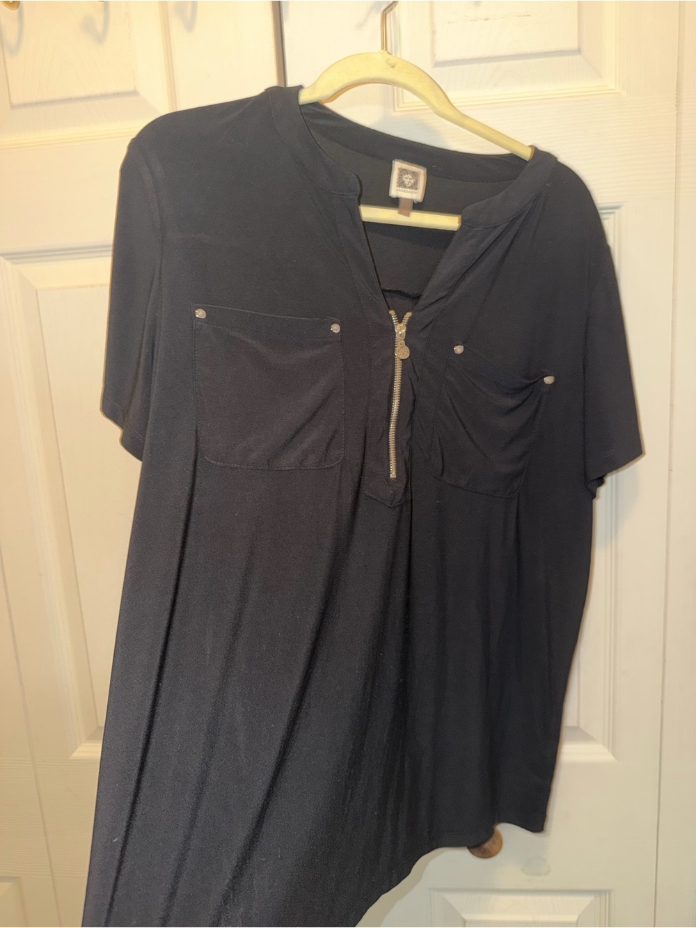 Anne Klein Black Short Sleeve Zip Front Pocket Top